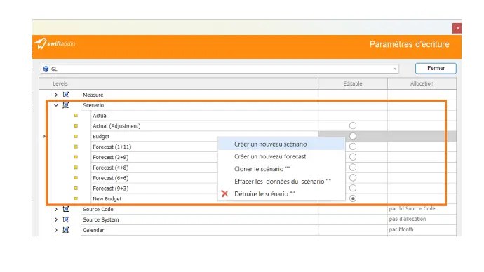 La solution Swiftfinance permet de gérer facilement les versions de scénarios budgétaires et prévisionnels